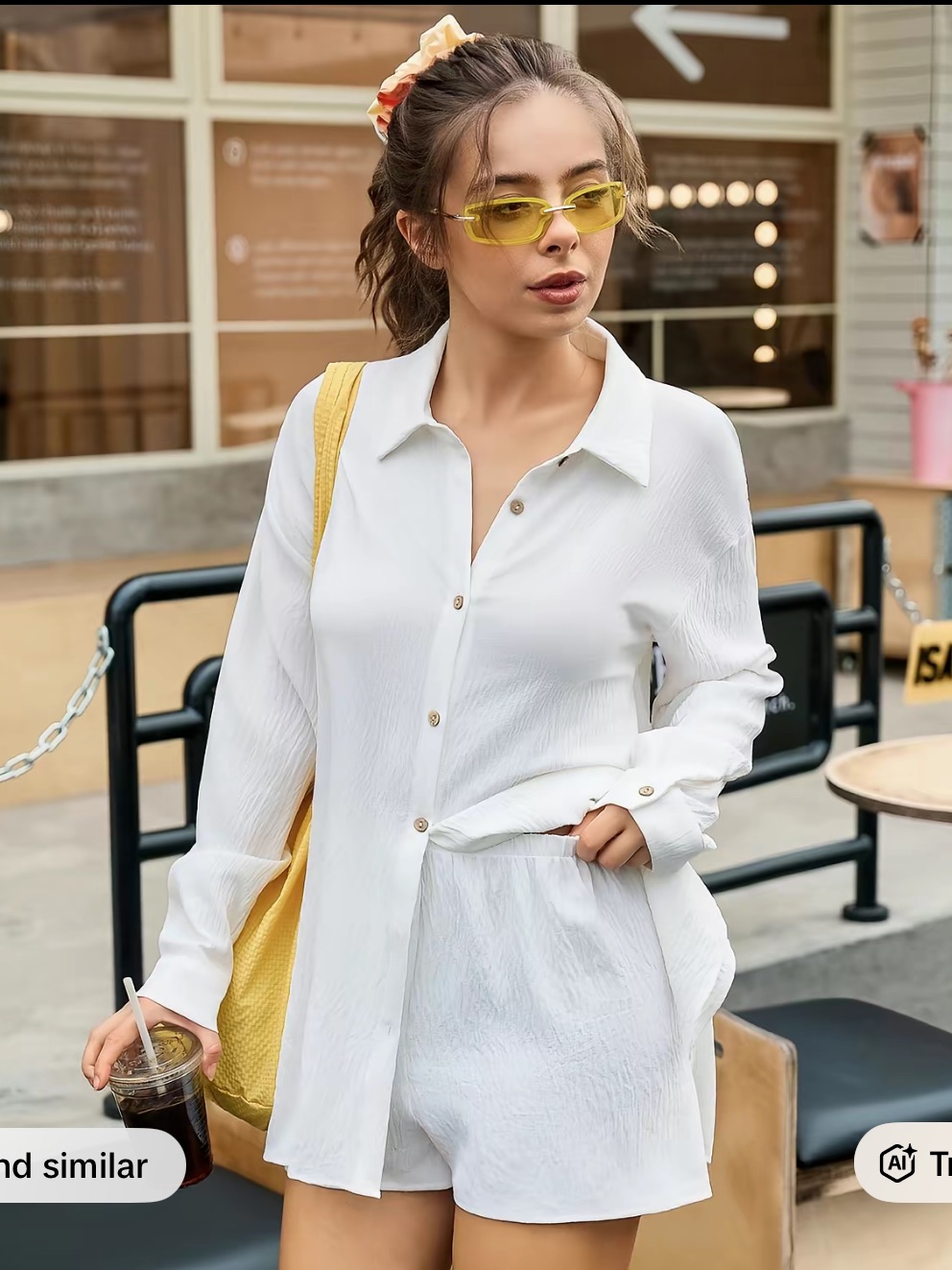Fisoew White Button-Front Shirt & Shorts Set - Gauzy Material